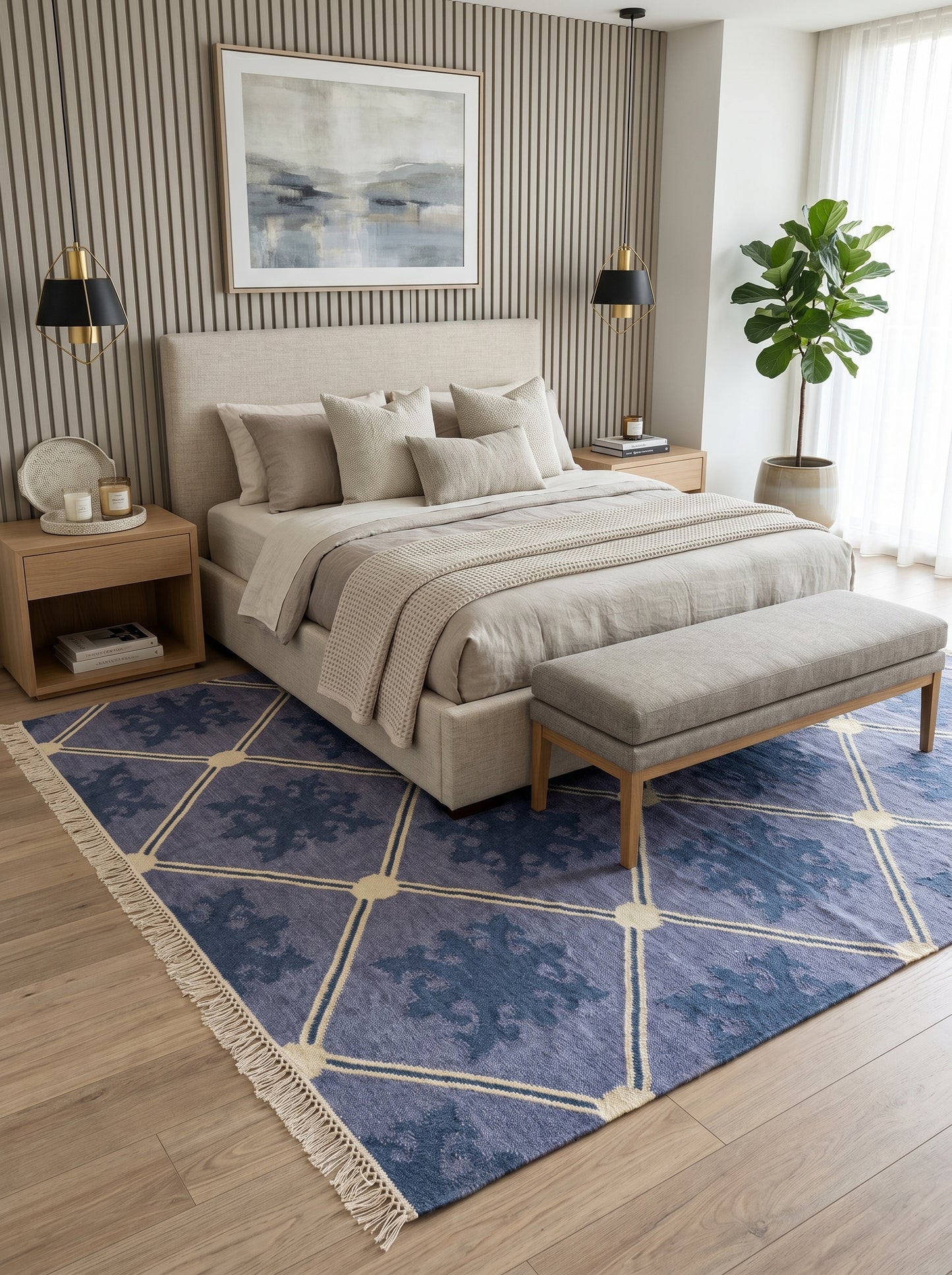 Slate Lavender Fleur Premium Lavender Blue & Indigo Wool Cotton Dhurrie Rug