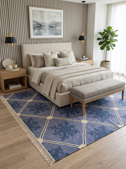 Slate Lavender Fleur Premium Lavender Blue & Indigo Wool Cotton Dhurrie Rug