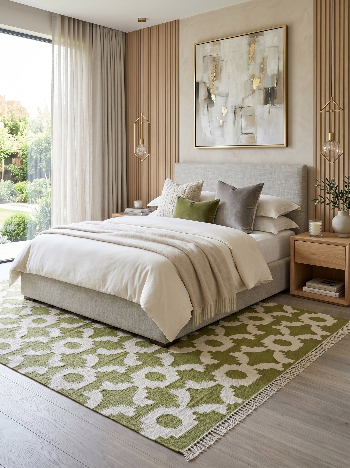 Moss Optical Maze Lime Green & Cream Wool Cotton Dhurrie Rug