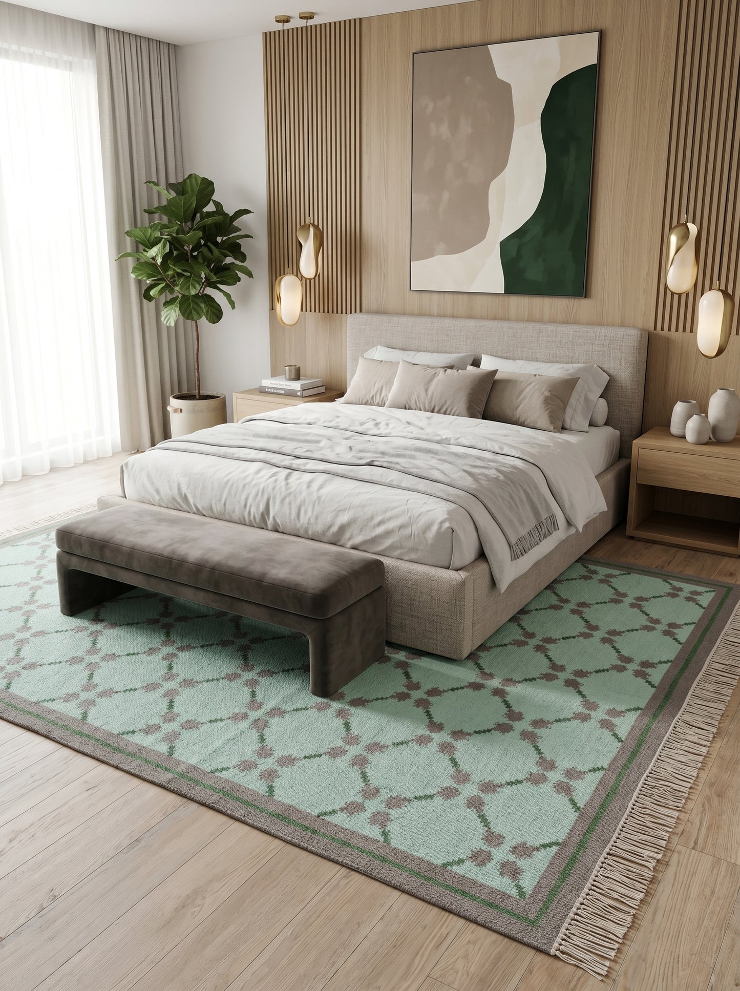 Premium Mint Green & Taupe Grey Wool Dhurrie Rug