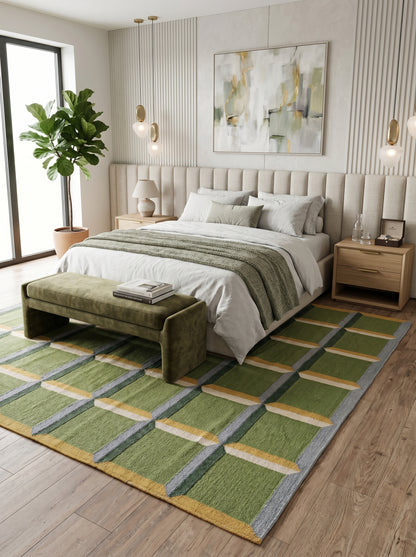 Emerald Block Lattice Modern Green Checkered Wool Cotton Dhurrie Rug