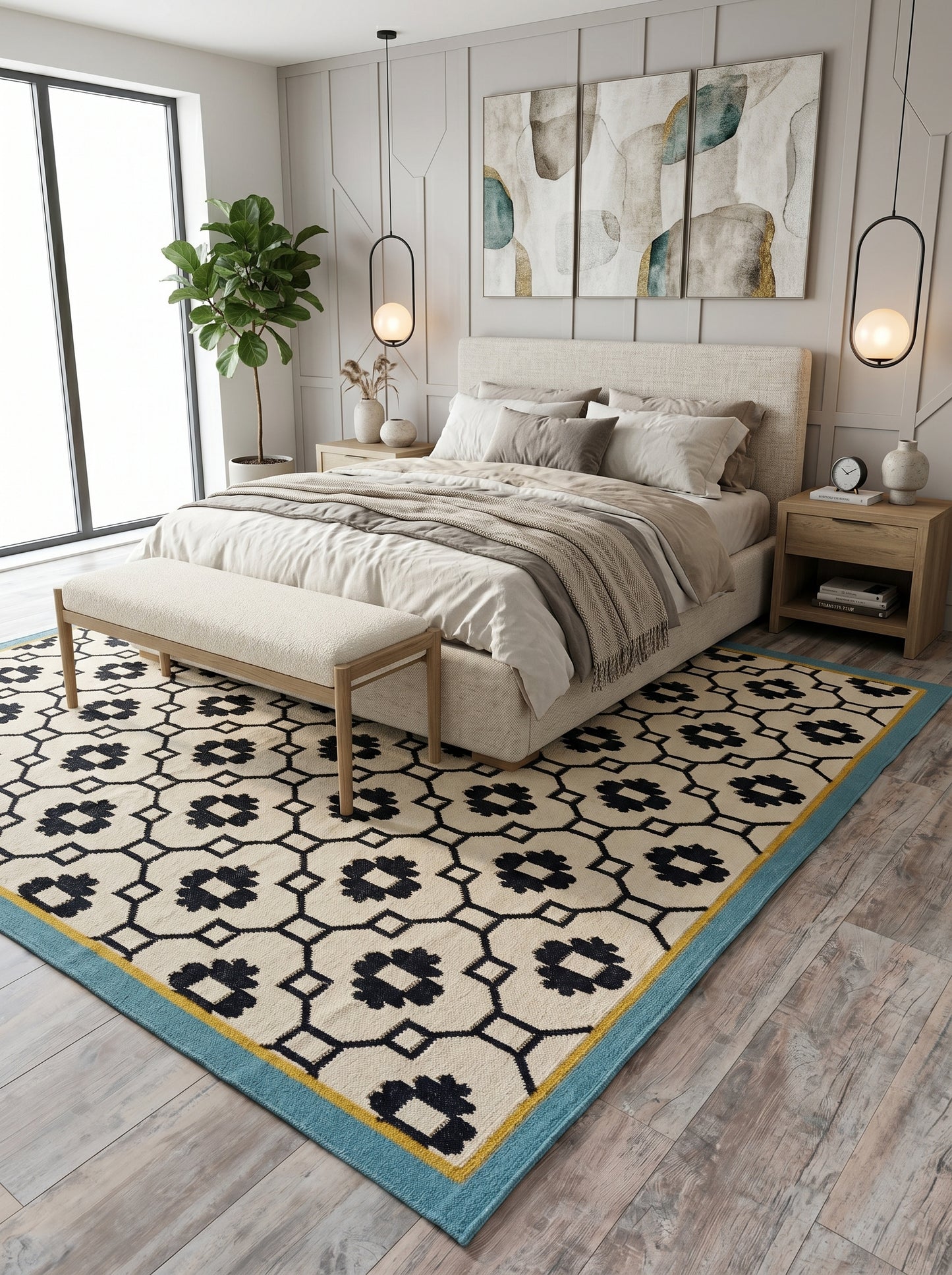 Teal Lattice Rosette  Modern Black & Cream Wool Cotton Dhurrie Rug