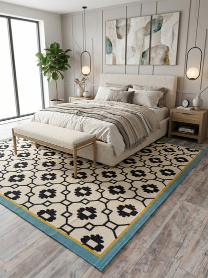 Teal Lattice Rosette  Modern Black & Cream Wool Cotton Dhurrie Rug