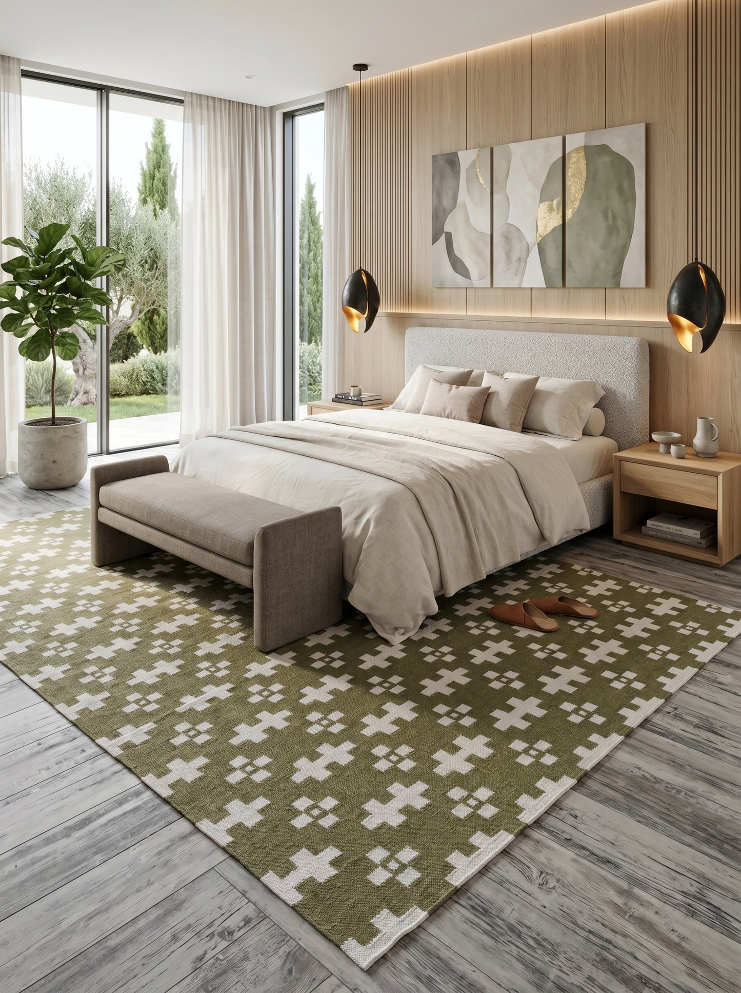 Olive Geometric Cross Handwoven Traditional Pattern Rug