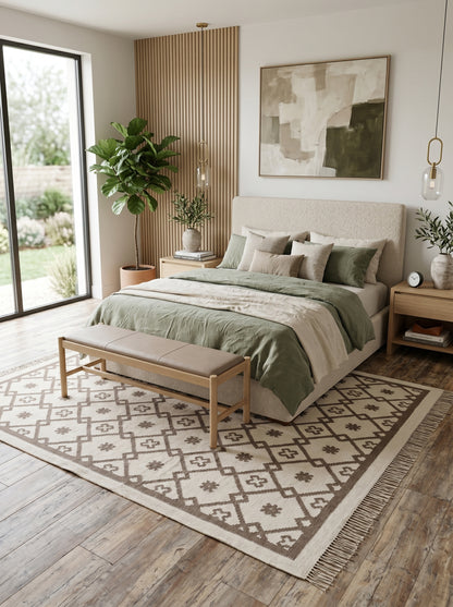 Earth Brown Clover Trellis Brown & Cream Wool Cotton Dhurrie Rug