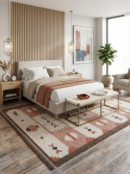Terracotta Desert Rose Traditional Blush Pink & Cream Wool Cotton Dhurrie Rug