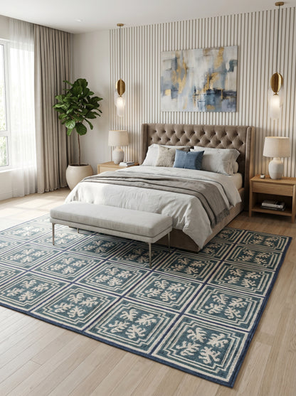 Teal Labyrinth Crest Classical Geometric Rug