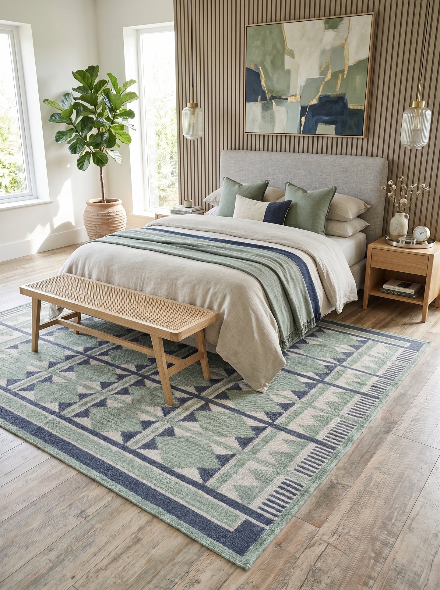 Sage Diamond Labyrinth Sage Green & Navy Wool Cotton Dhurrie Rug