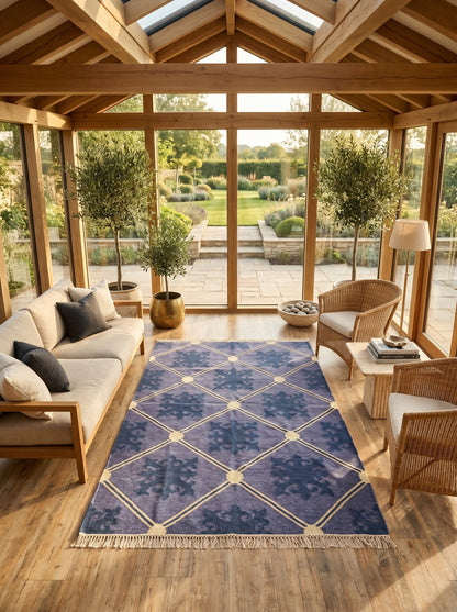 Slate Lavender Fleur Premium Lavender Blue & Indigo Wool Cotton Dhurrie Rug