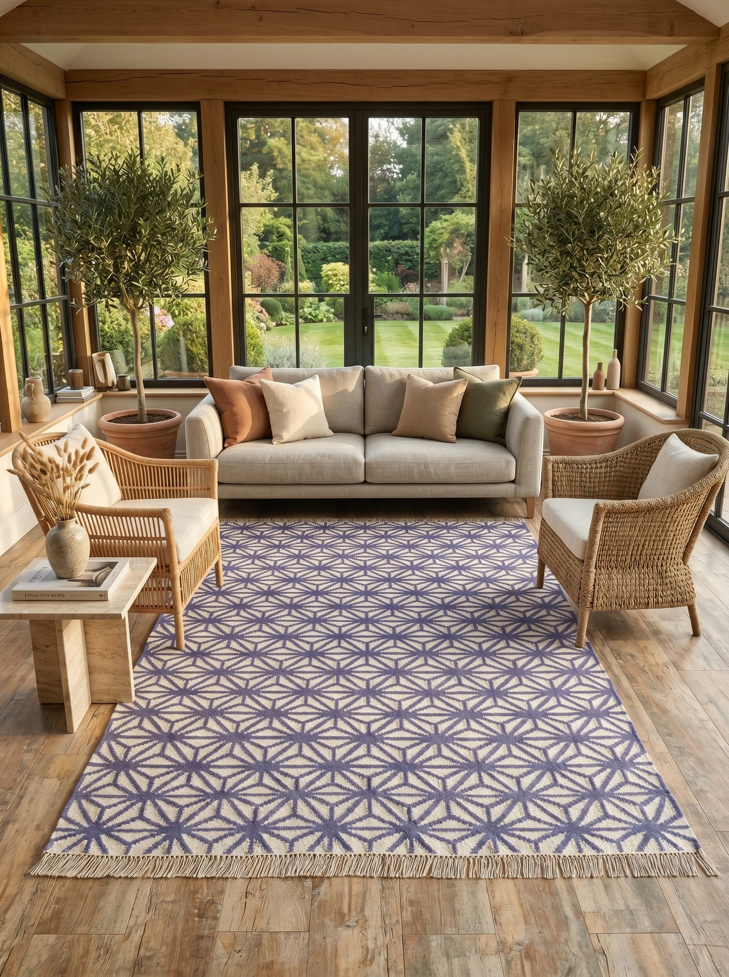 Periwinkle Starburst Lattice All-Over Star Pattern Flatweave Area Rug