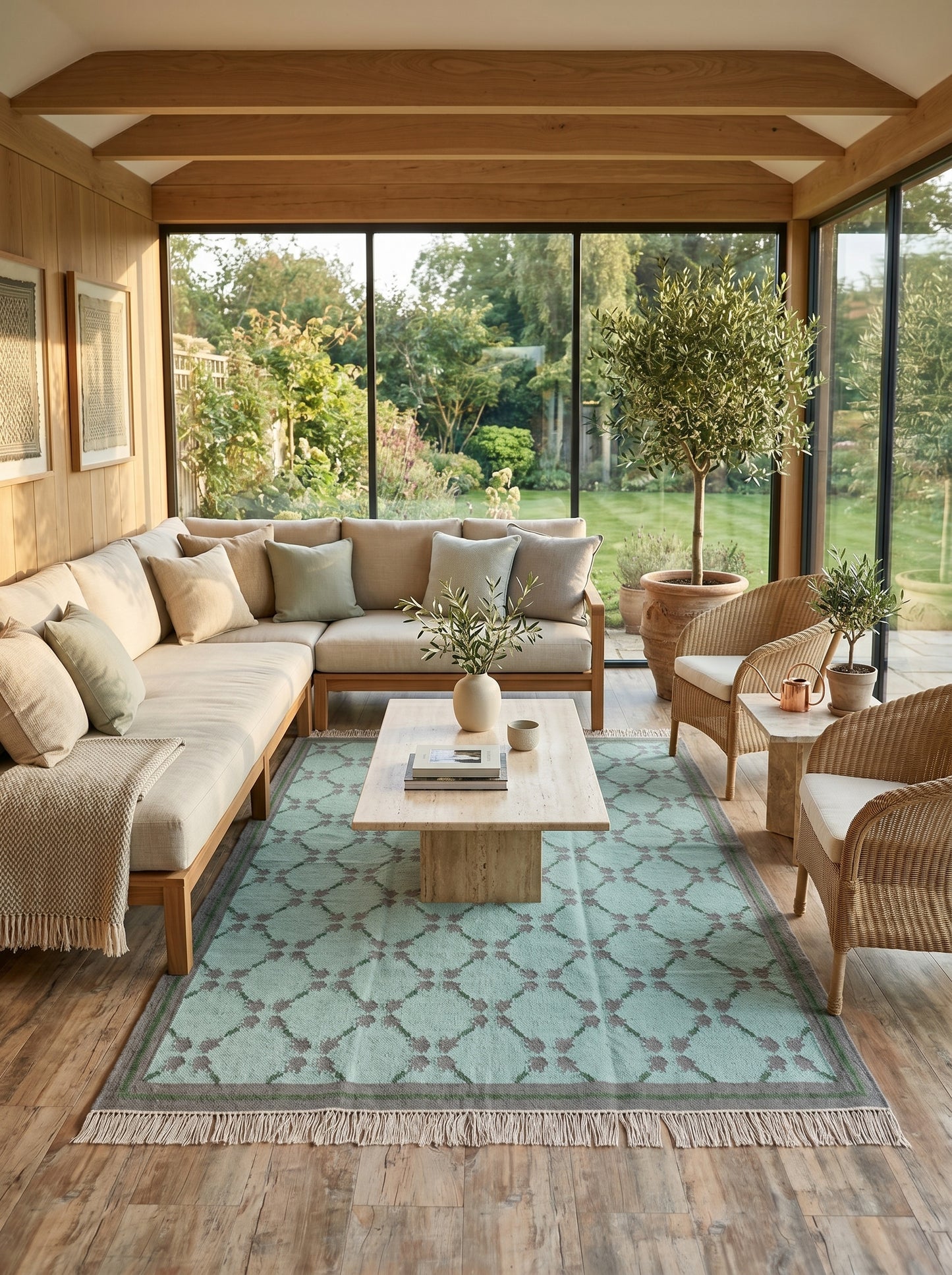 Premium Mint Green & Taupe Grey Wool Dhurrie Rug