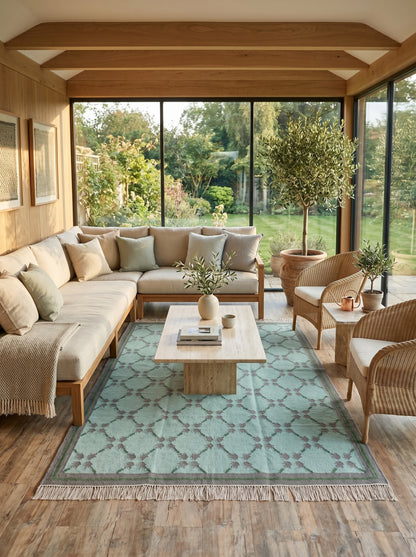 Premium Mint Green & Taupe Grey Wool Dhurrie Rug