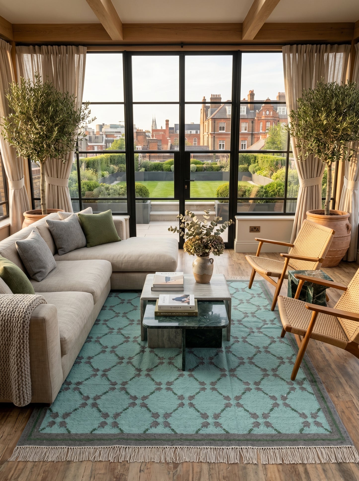 Premium Mint Green & Taupe Grey Wool Dhurrie Rug