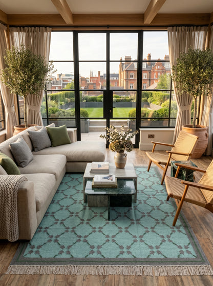 Premium Mint Green & Taupe Grey Wool Dhurrie Rug