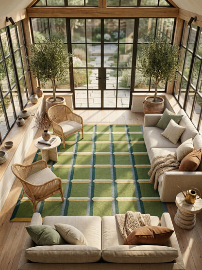 Emerald Block Lattice Modern Green Checkered Wool Cotton Dhurrie Rug