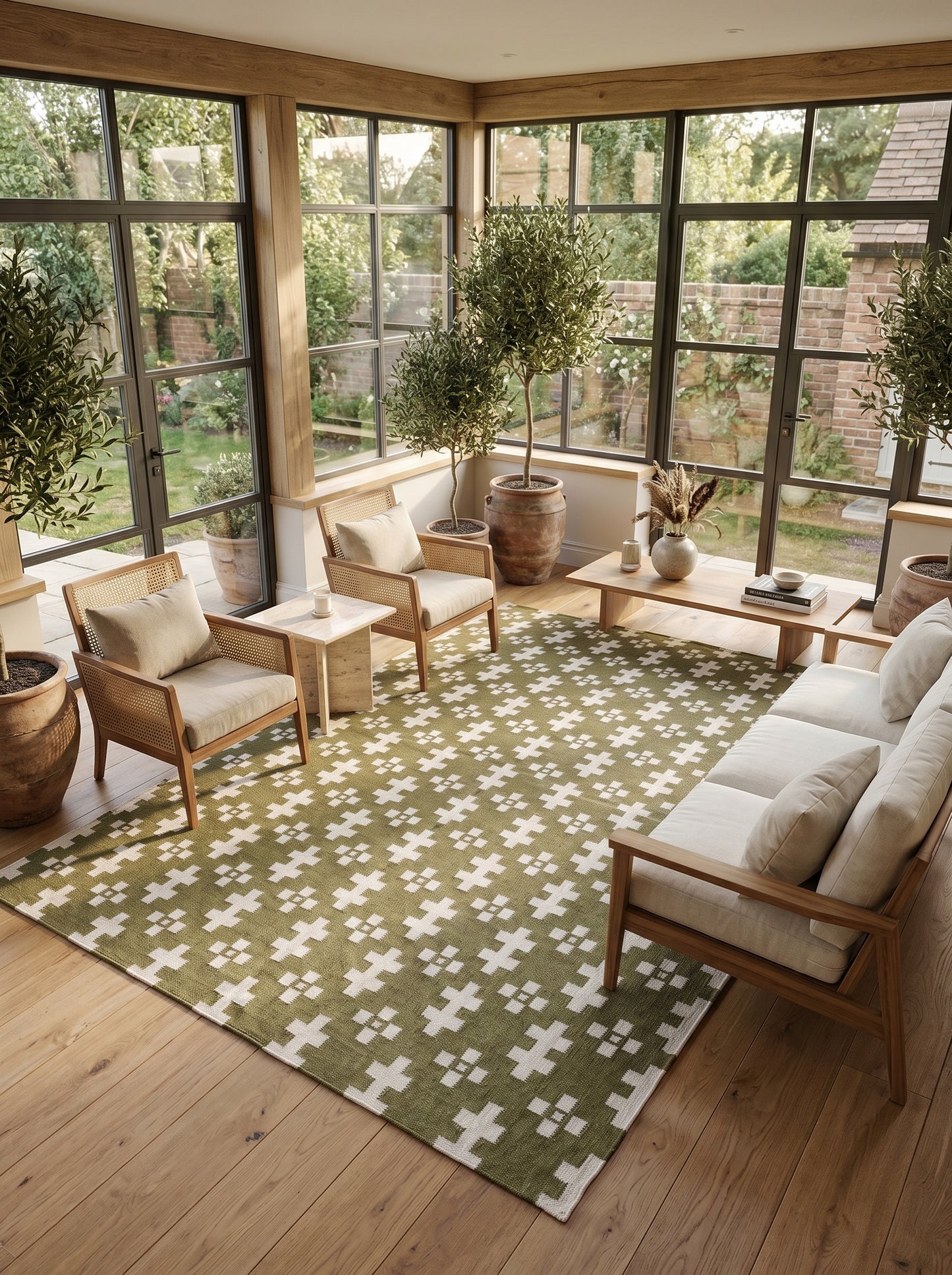 Olive Geometric Cross Handwoven Traditional Pattern Rug