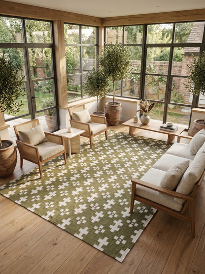 Olive Geometric Cross Handwoven Traditional Pattern Rug