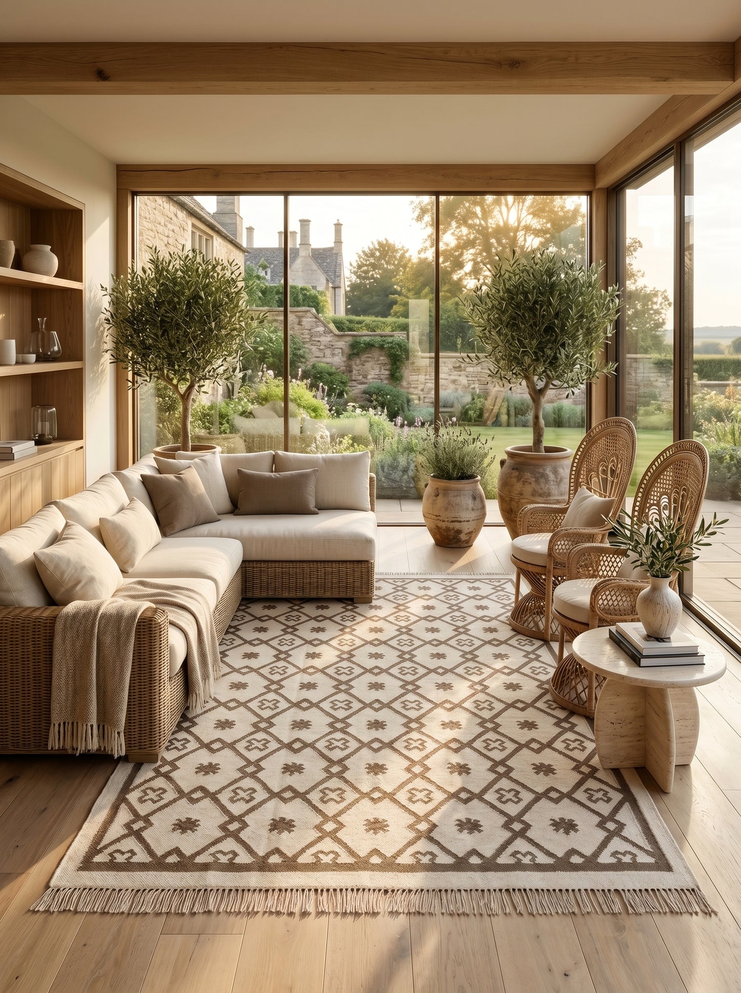 Earth Brown Clover Trellis Brown & Cream Wool Cotton Dhurrie Rug