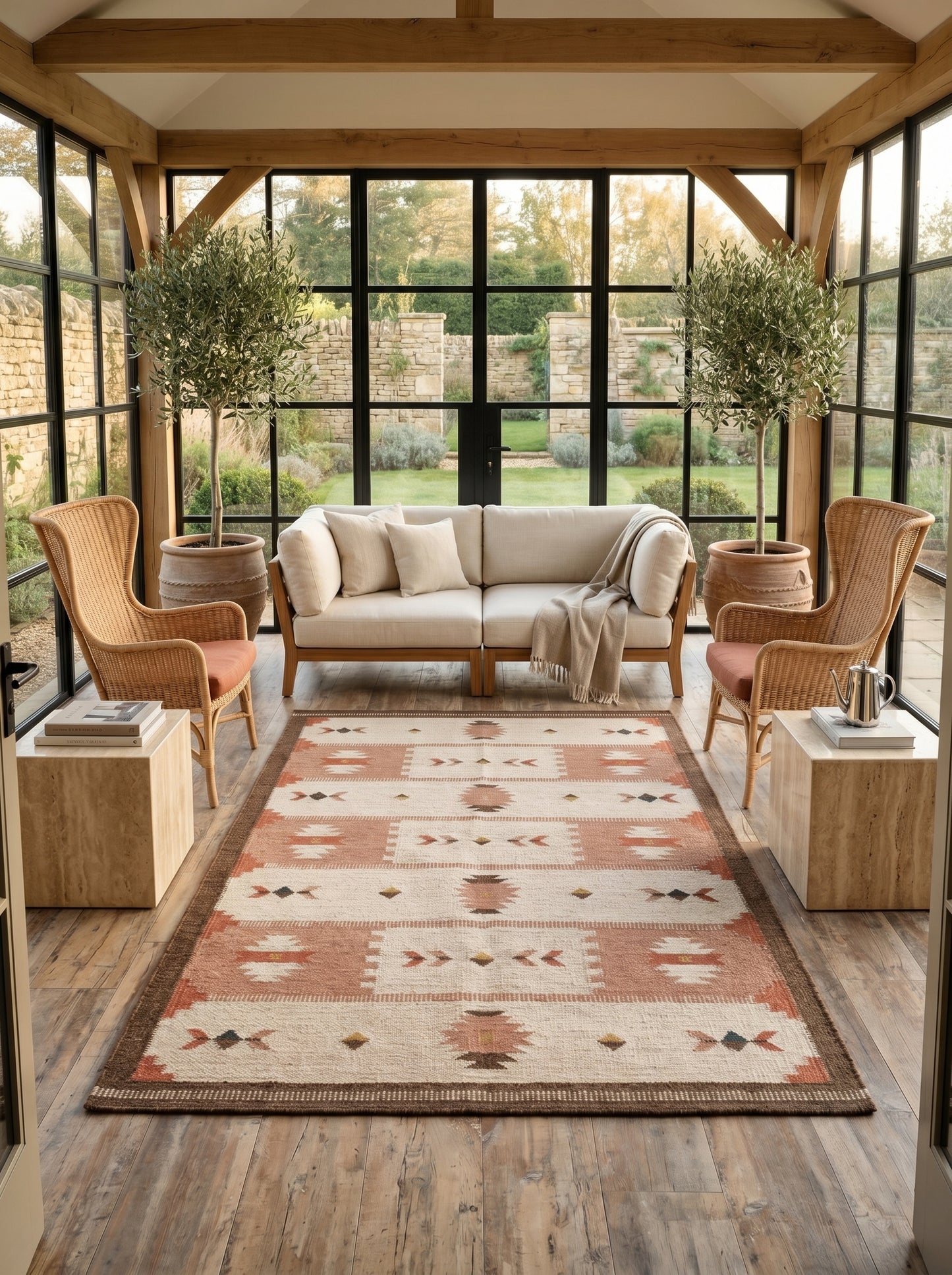 Terracotta Desert Rose Traditional Blush Pink & Cream Wool Cotton Dhurrie Rug