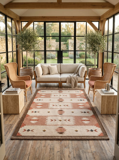 Terracotta Desert Rose Traditional Blush Pink & Cream Wool Cotton Dhurrie Rug