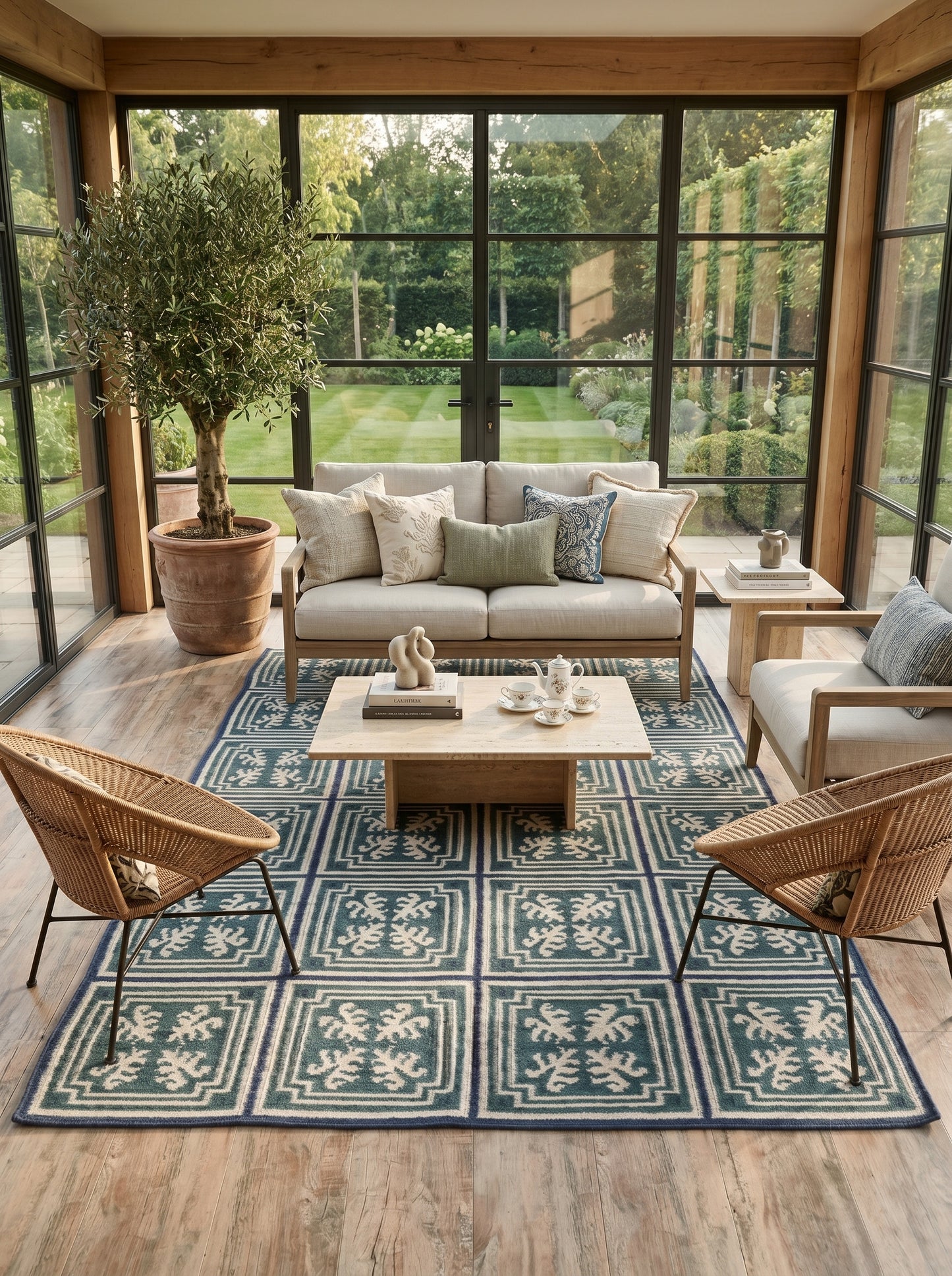 Teal Labyrinth Crest Classical Geometric Rug