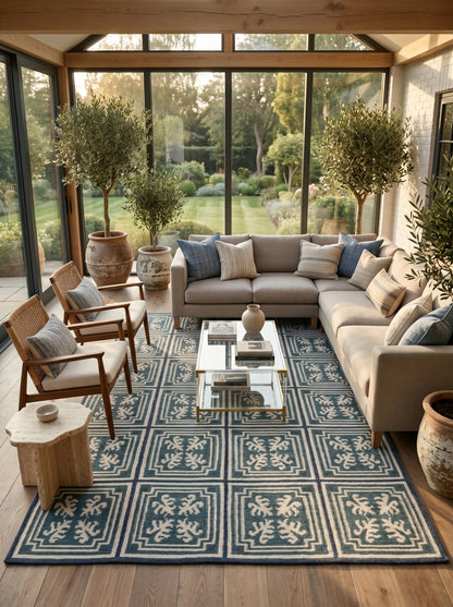 Teal Labyrinth Crest Classical Geometric Rug
