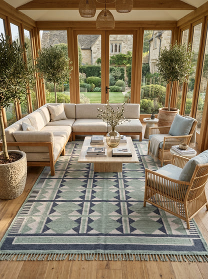 Sage Diamond Labyrinth Sage Green & Navy Wool Cotton Dhurrie Rug