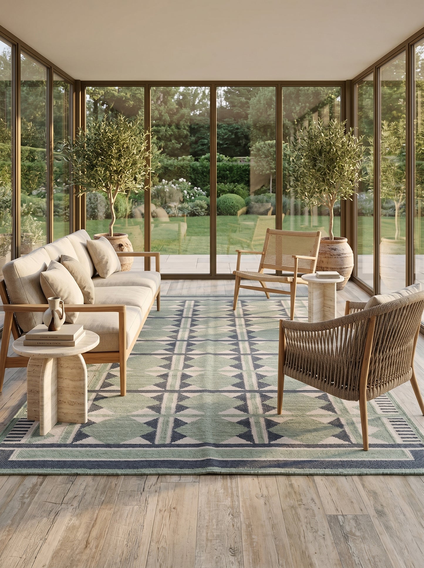 Sage Diamond Labyrinth Sage Green & Navy Wool Cotton Dhurrie Rug