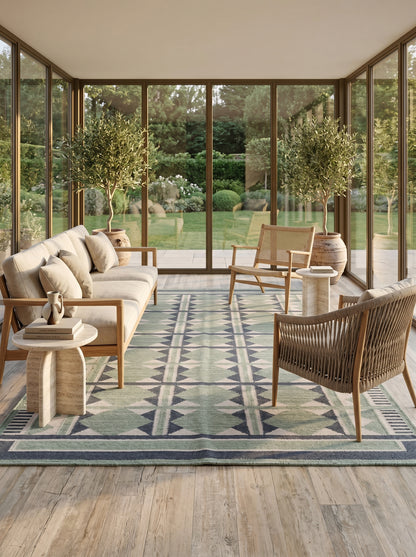 Sage Diamond Labyrinth Sage Green & Navy Wool Cotton Dhurrie Rug