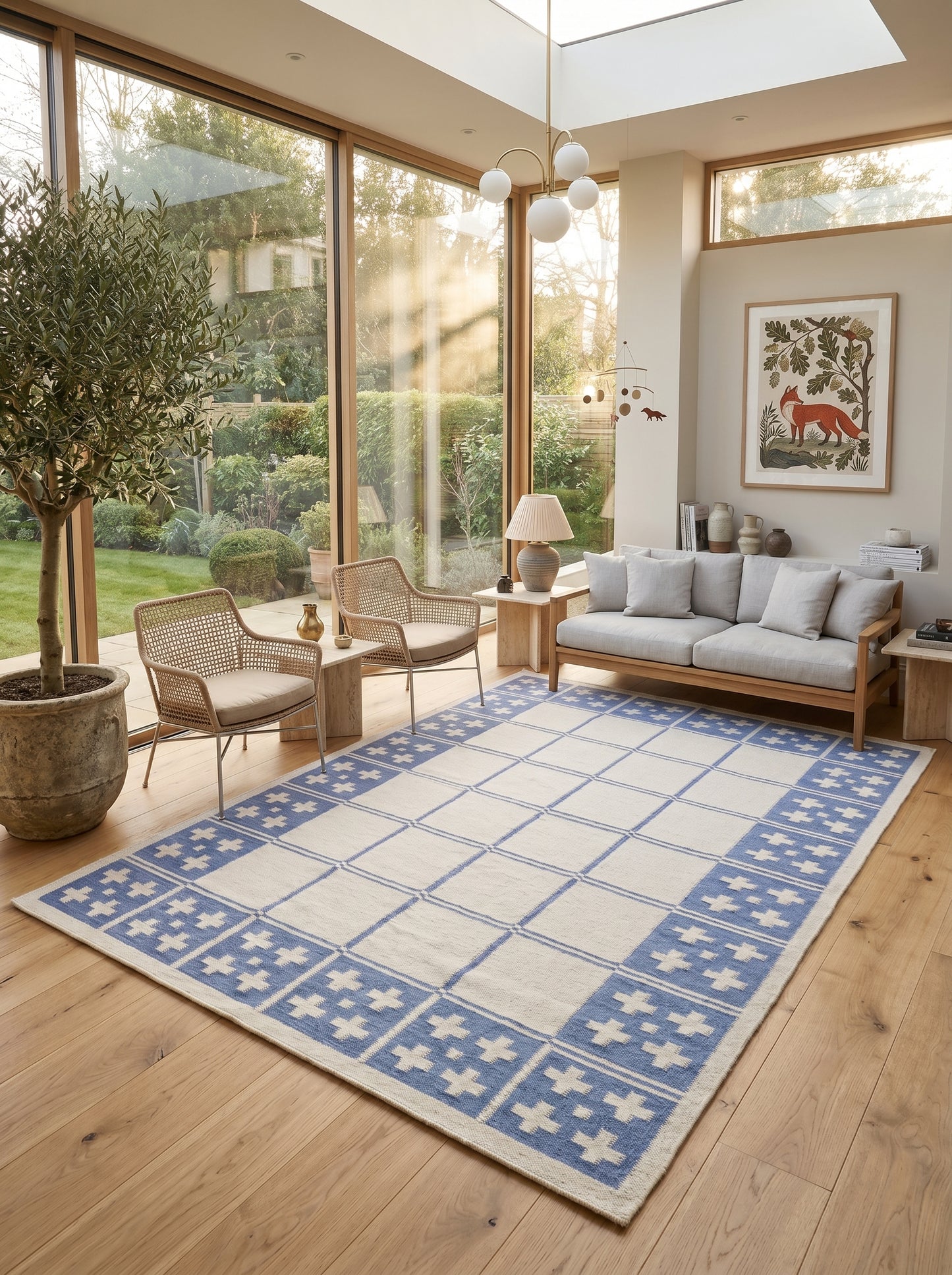 Periwinkle Windowpane Cross Modern Blue & Cream Wool Cotton Dhurrie Rug