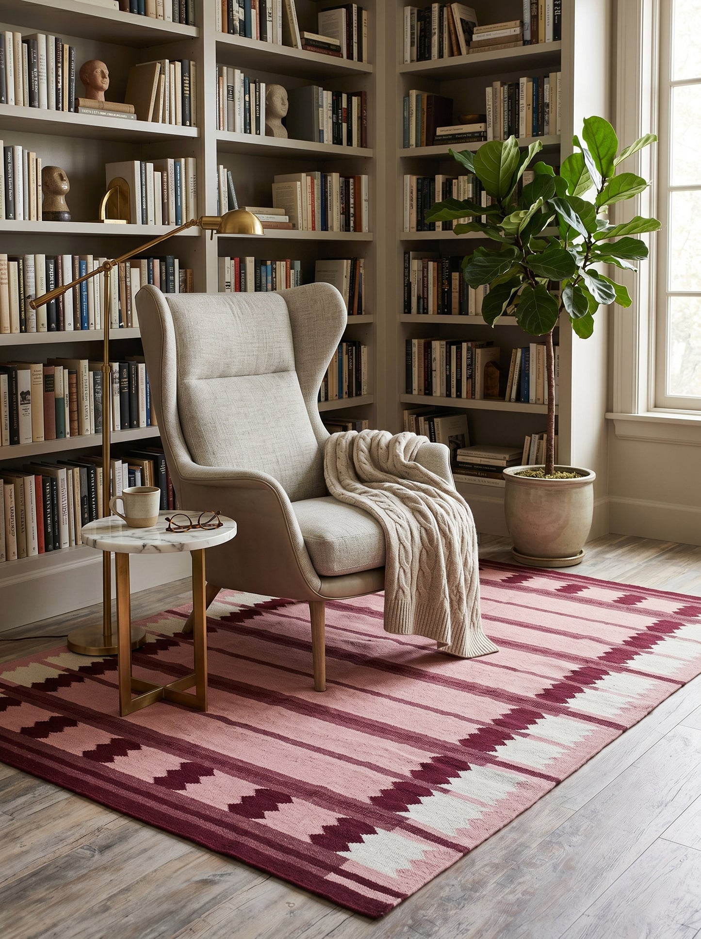 Rose Burgundy Sawtooth Modern Pastel Pink & Maroon Wool Cotton Dhurrie Rug