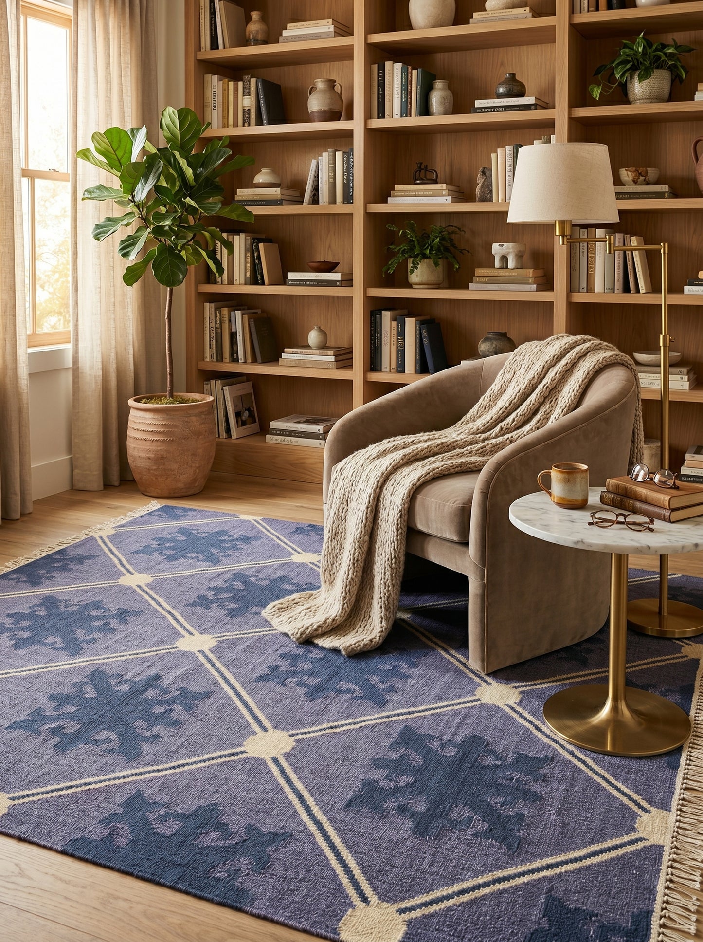 Slate Lavender Fleur Premium Lavender Blue & Indigo Wool Cotton Dhurrie Rug