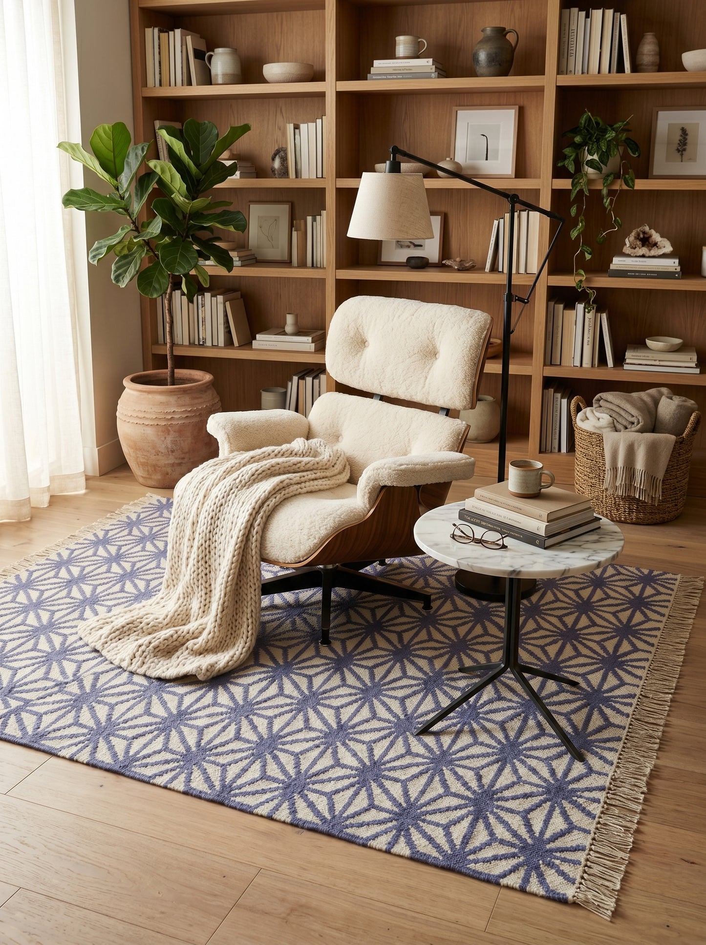 Periwinkle Starburst Lattice All-Over Star Pattern Flatweave Area Rug