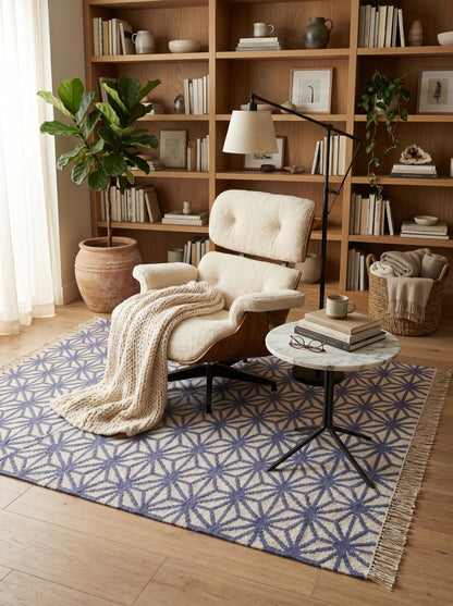 Periwinkle Starburst Lattice All-Over Star Pattern Flatweave Area Rug