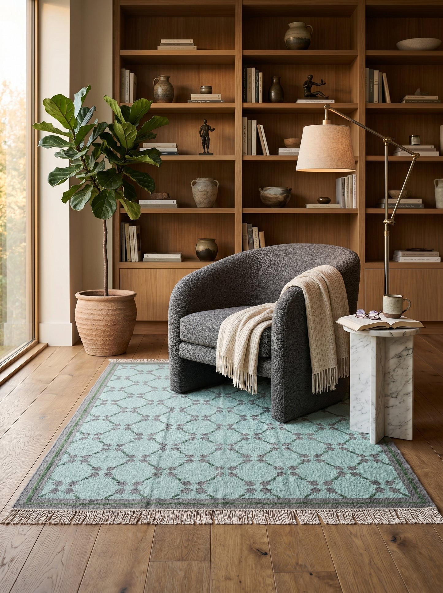 Premium Mint Green & Taupe Grey Wool Dhurrie Rug