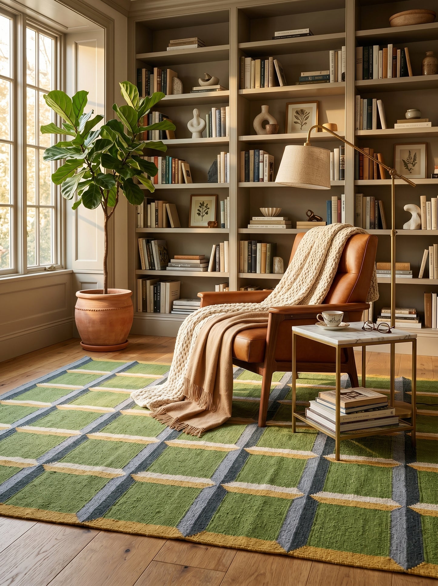 Emerald Block Lattice Modern Green Checkered Wool Cotton Dhurrie Rug