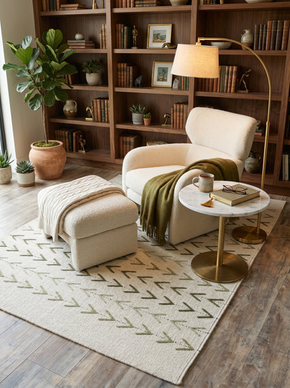 Sage Chevron Trail Minimalist Cream & Sage Green Wool Cotton Dhurrie Rug