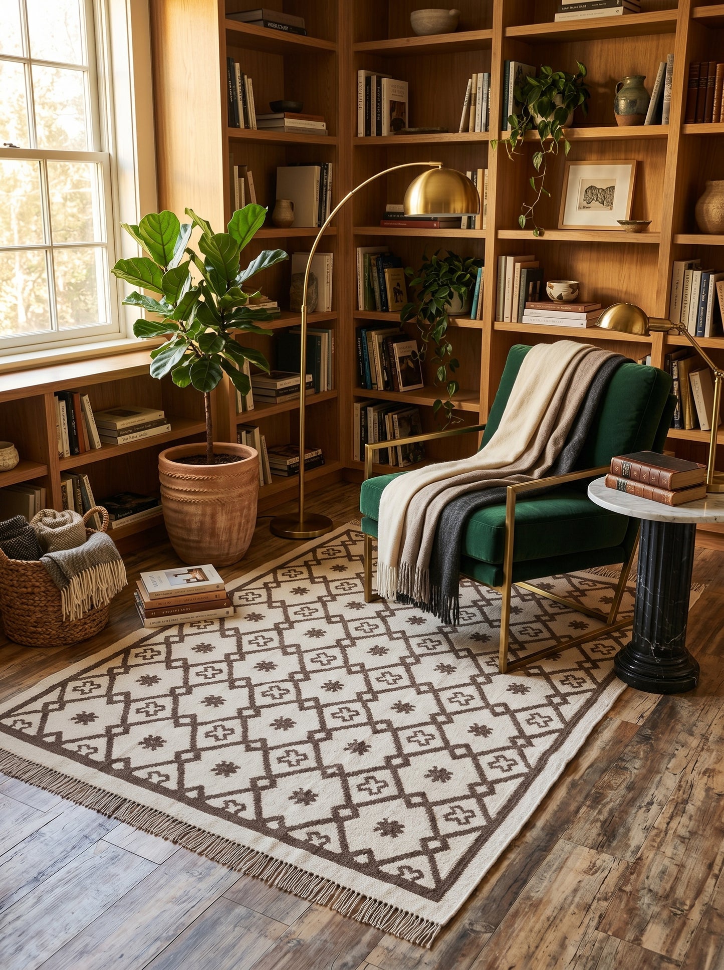 Earth Brown Clover Trellis Brown & Cream Wool Cotton Dhurrie Rug