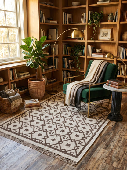 Earth Brown Clover Trellis Brown & Cream Wool Cotton Dhurrie Rug