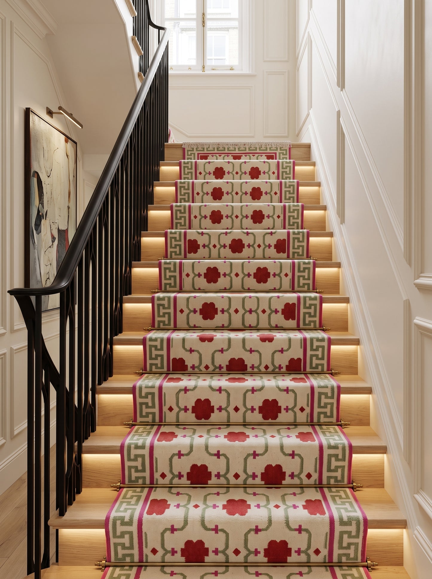 Crimson Greek Key Blossom Handwoven Symmetrical Floral Rug