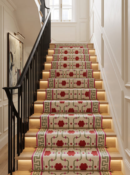 Crimson Greek Key Blossom Handwoven Symmetrical Floral Rug