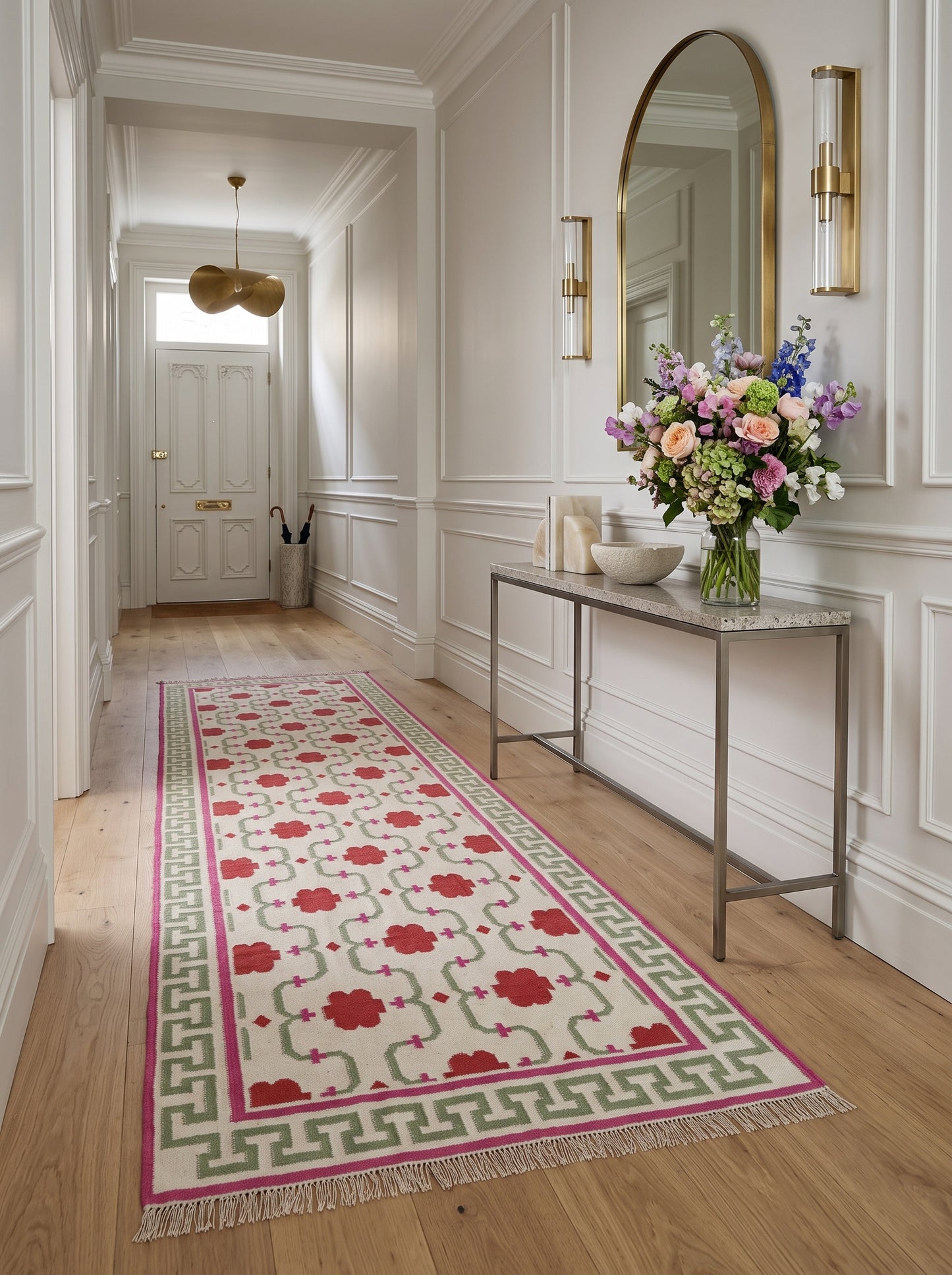 Crimson Greek Key Blossom Handwoven Symmetrical Floral Rug
