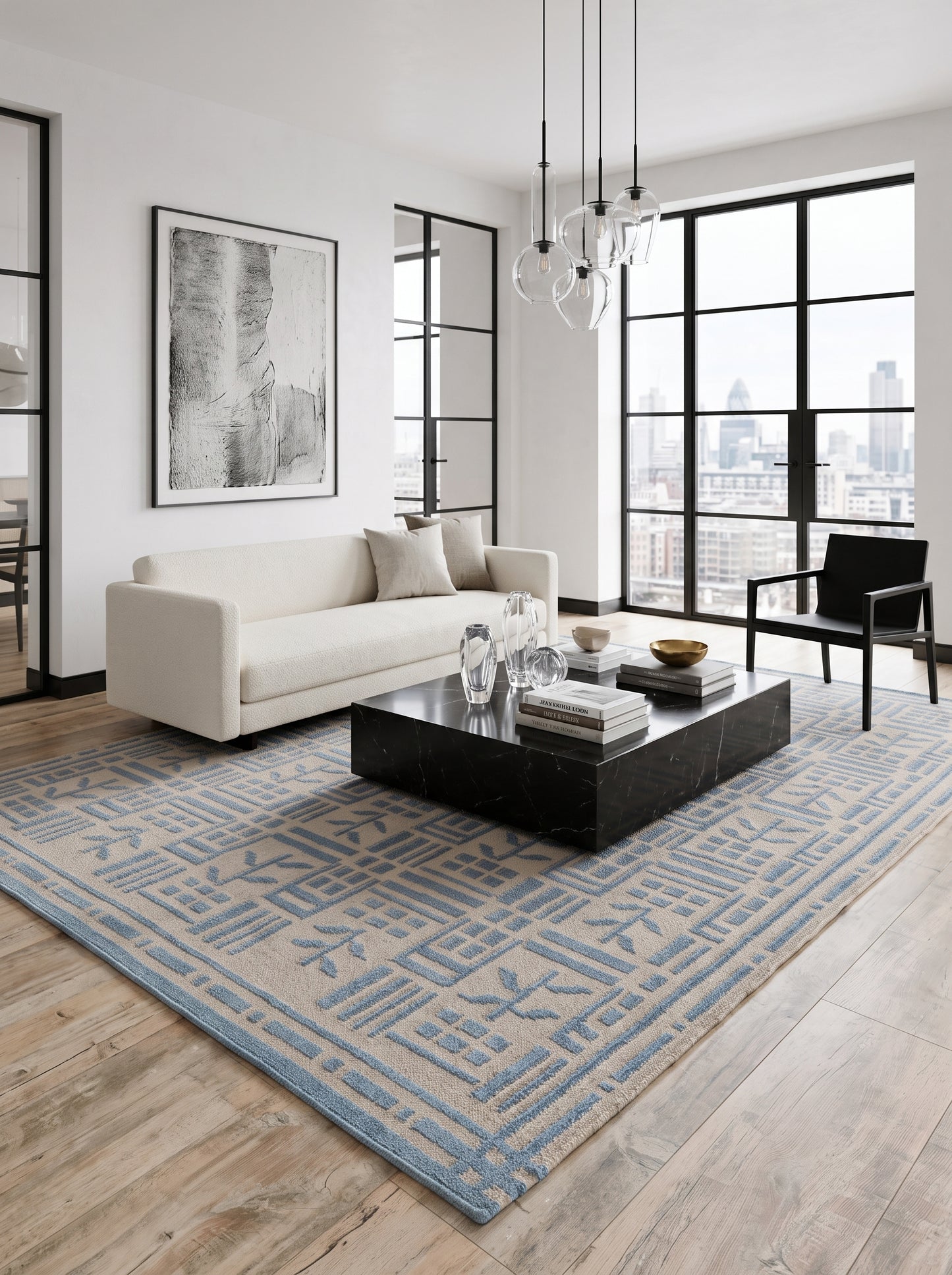 Denim Twig Lattice Blue & Beige Wool Cotton Dhurrie Rug