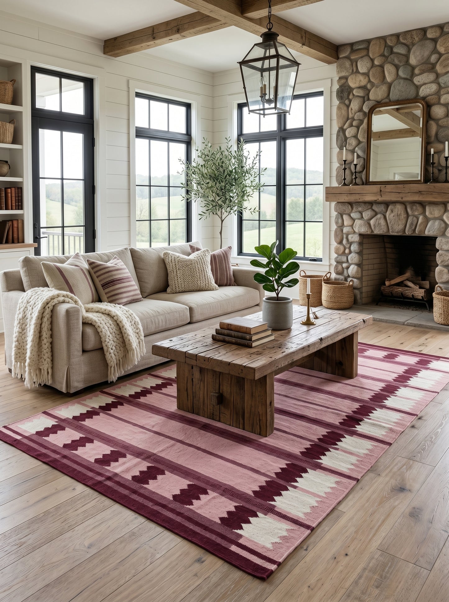 Rose Burgundy Sawtooth Modern Pastel Pink & Maroon Wool Cotton Dhurrie Rug