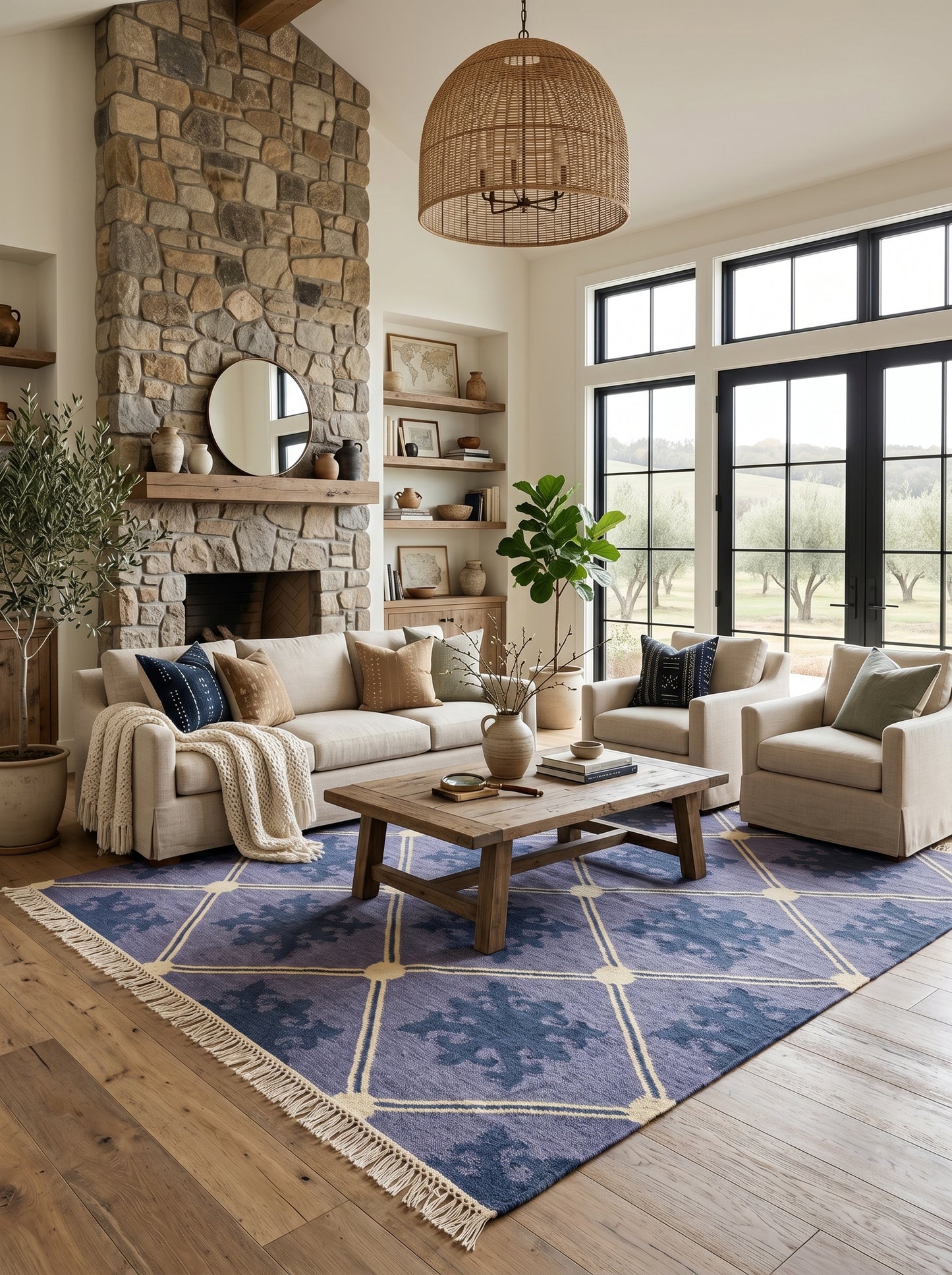 Slate Lavender Fleur Premium Lavender Blue & Indigo Wool Cotton Dhurrie Rug