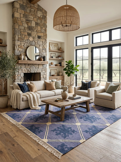 Slate Lavender Fleur Premium Lavender Blue & Indigo Wool Cotton Dhurrie Rug