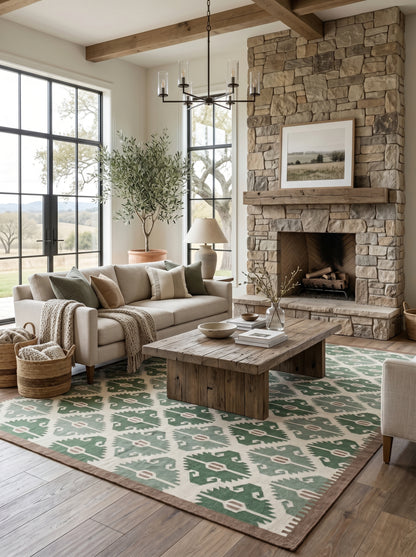 Sage Earth Tribal Lattice Geometric Serrated Diamond Flatweave Area Rug
