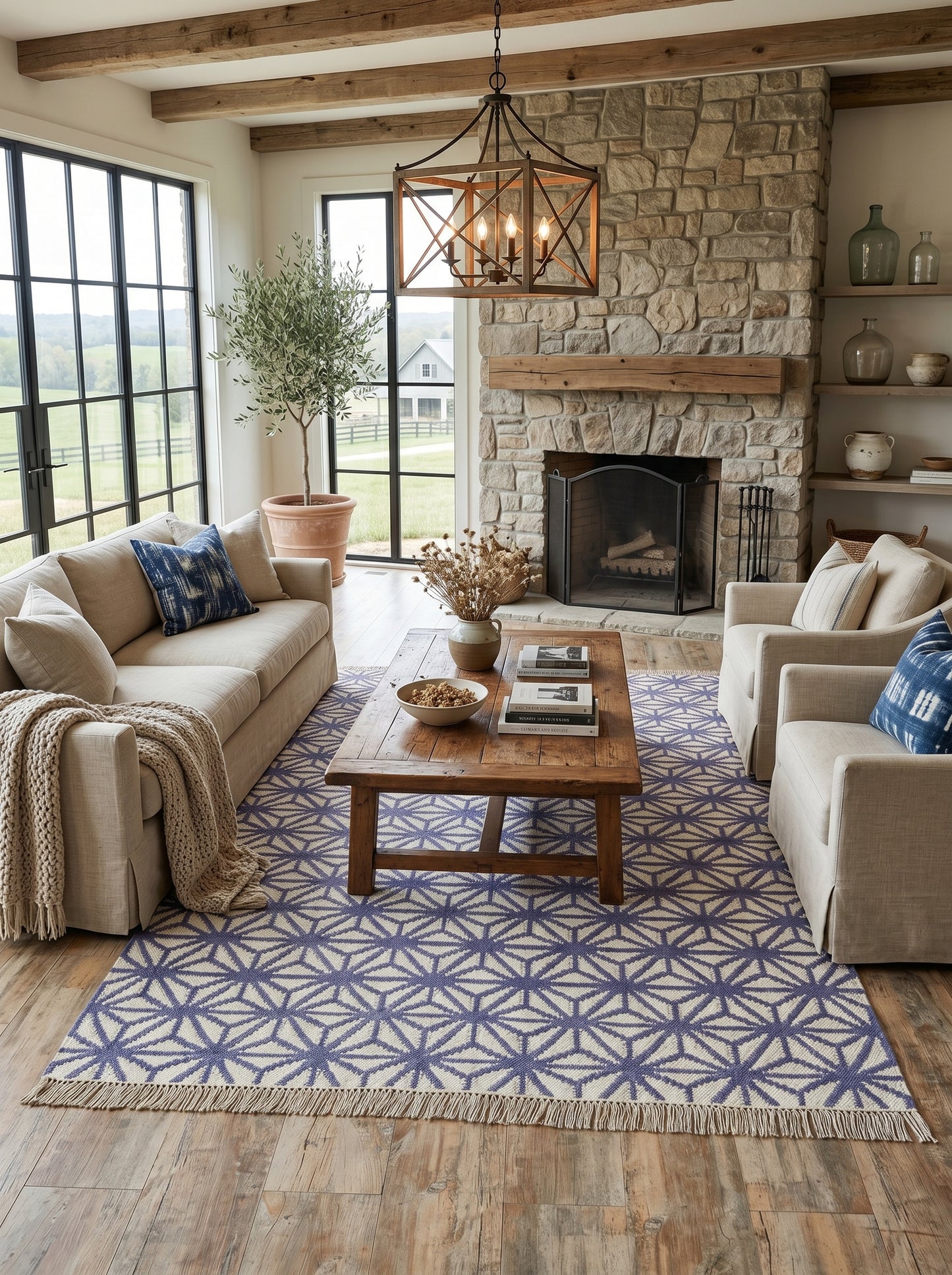 Periwinkle Starburst Lattice All-Over Star Pattern Flatweave Area Rug