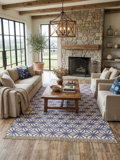 Periwinkle Starburst Lattice All-Over Star Pattern Flatweave Area Rug