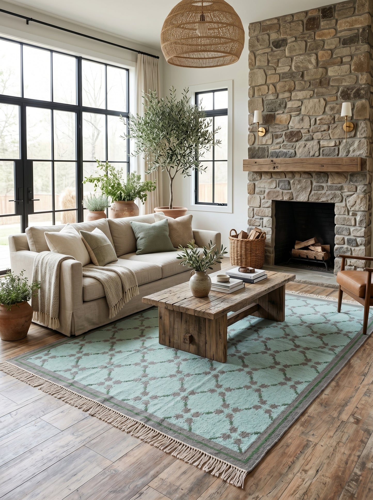 Premium Mint Green & Taupe Grey Wool Dhurrie Rug